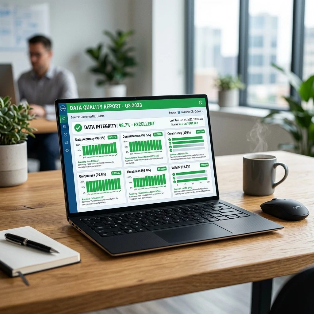 Laptop showing green success markers representing data validation success