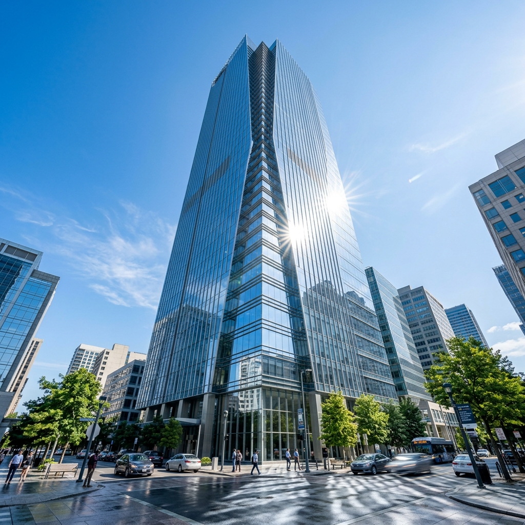 Exterior view of a commercial building reflecting bright daylight