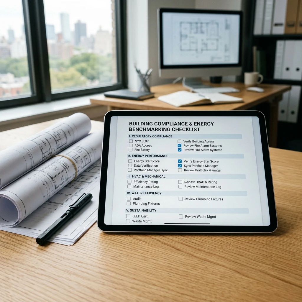 Workspace table with blueprints and building manager checklist representing benchmarking roadmap