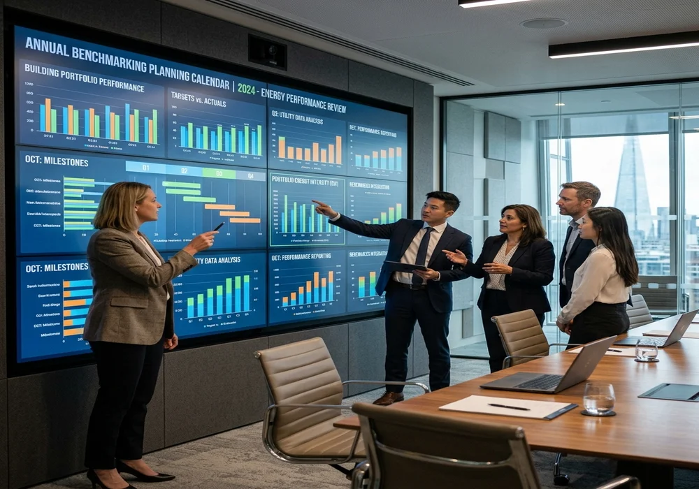 Energy consultants reviewing annual benchmarking planning calendar and interactive digital analytics display